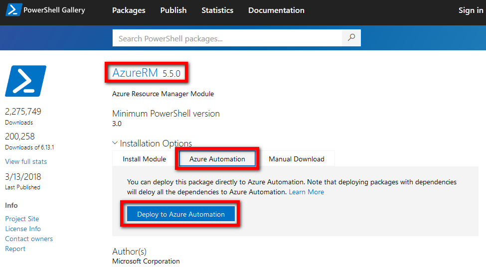 Screenshot of an overview of the AzureRM module version 5.5.0 within PowerShell Gallery. The Deploy to Azure Automation button is highlighted inside the Azure Automation tab, to illustrate how to deploy the AzureRM from PowerShell Gallery into Azure Automation.